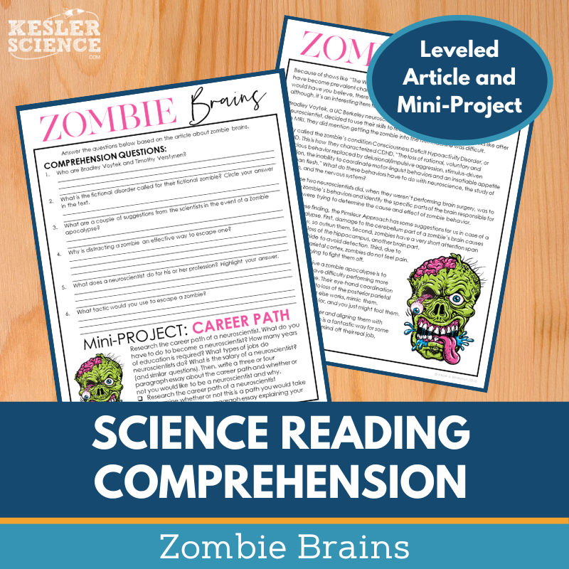 MS 6th 7th 8th Science Reading Comprehension Passages - Zombie Brains