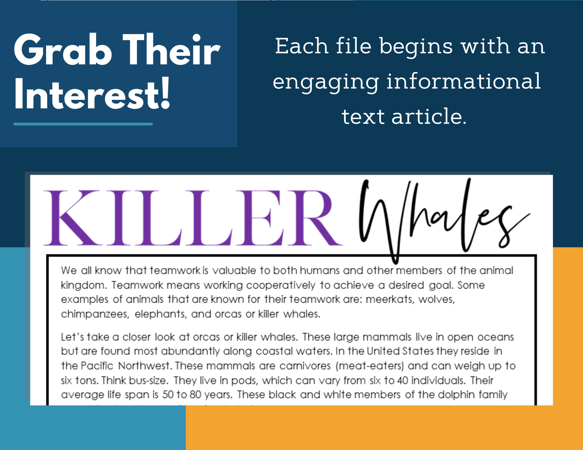 MS 6th 7th 8th Science Reading Comprehension Passages - Killer Whales