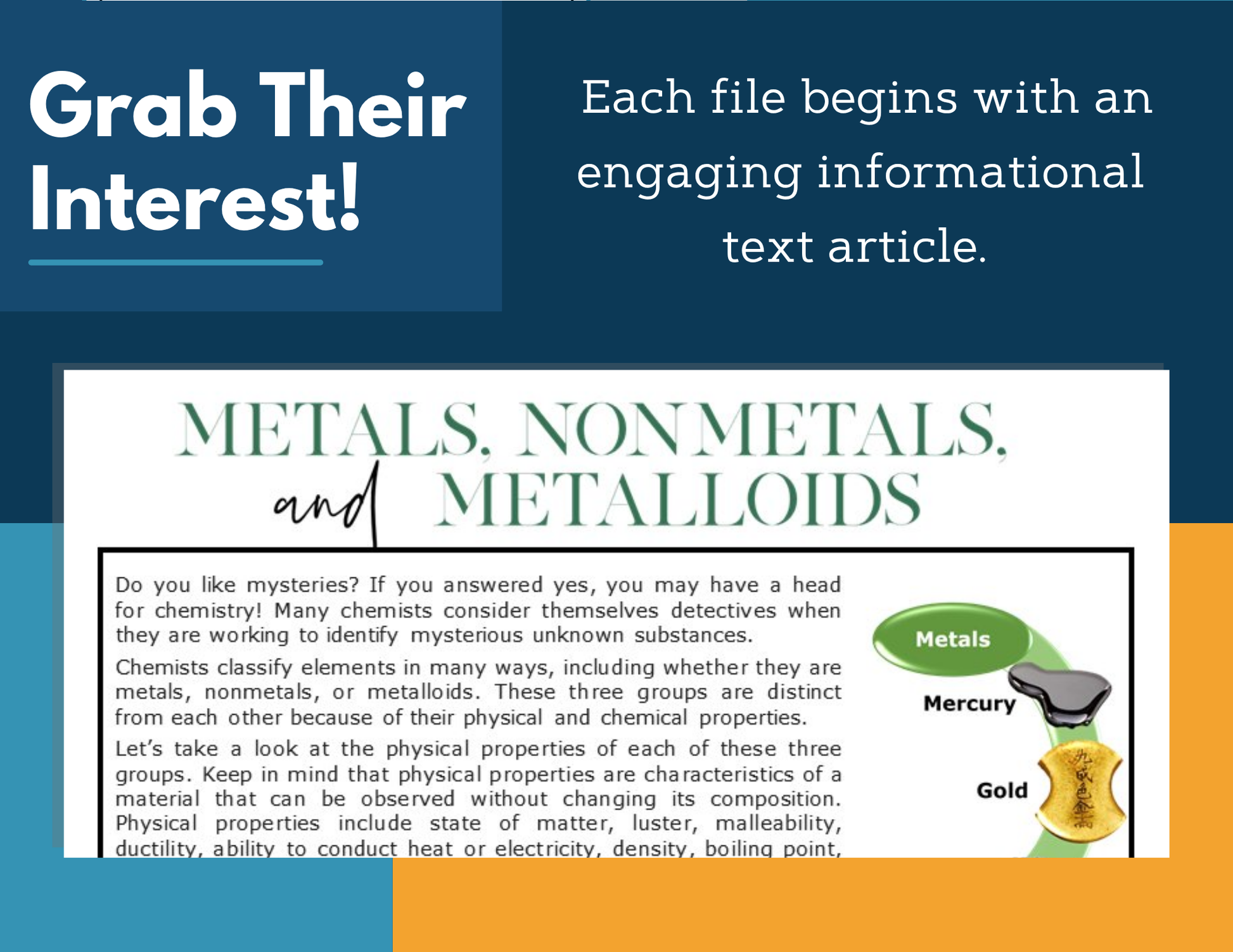 MS 6th 7th 8th Science Reading Comprehension Passages - VOL. 4 - Metals Nonmetals Metalloids
