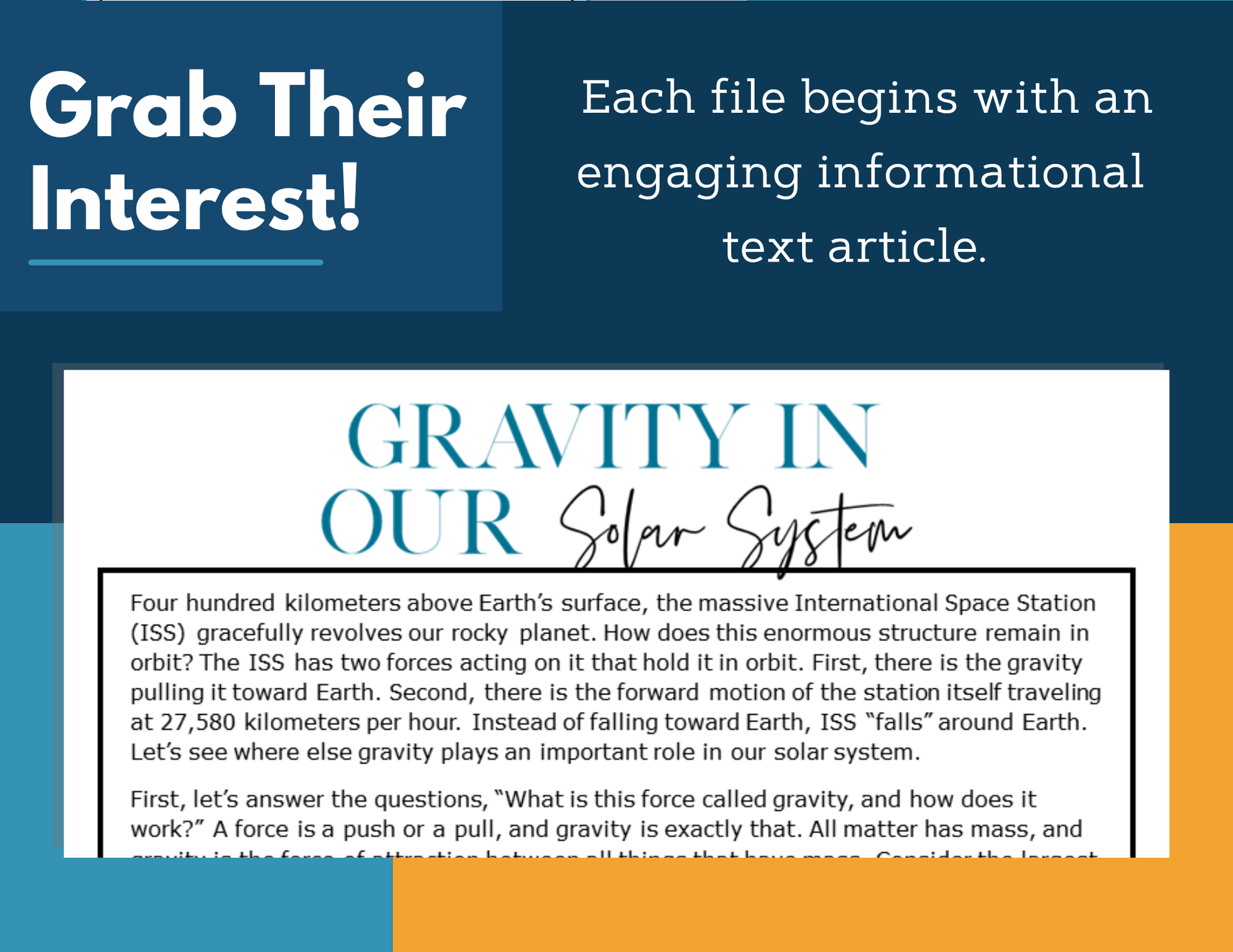 MS 6th 7th 8th Science Reading Comprehension Passages - VOL. 2 - Gravity in our Solar System