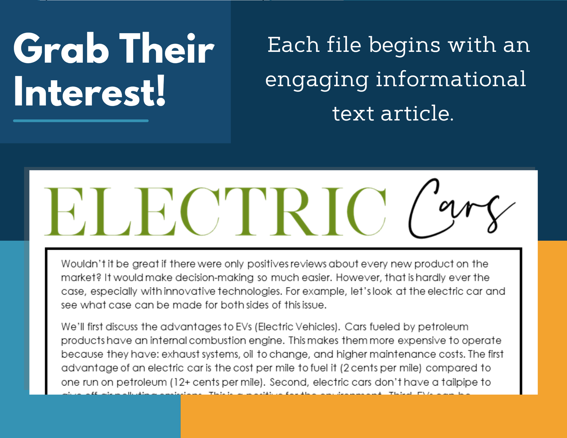 MS 6th 7th 8th Science Reading Comprehension Passages - Electric Cars