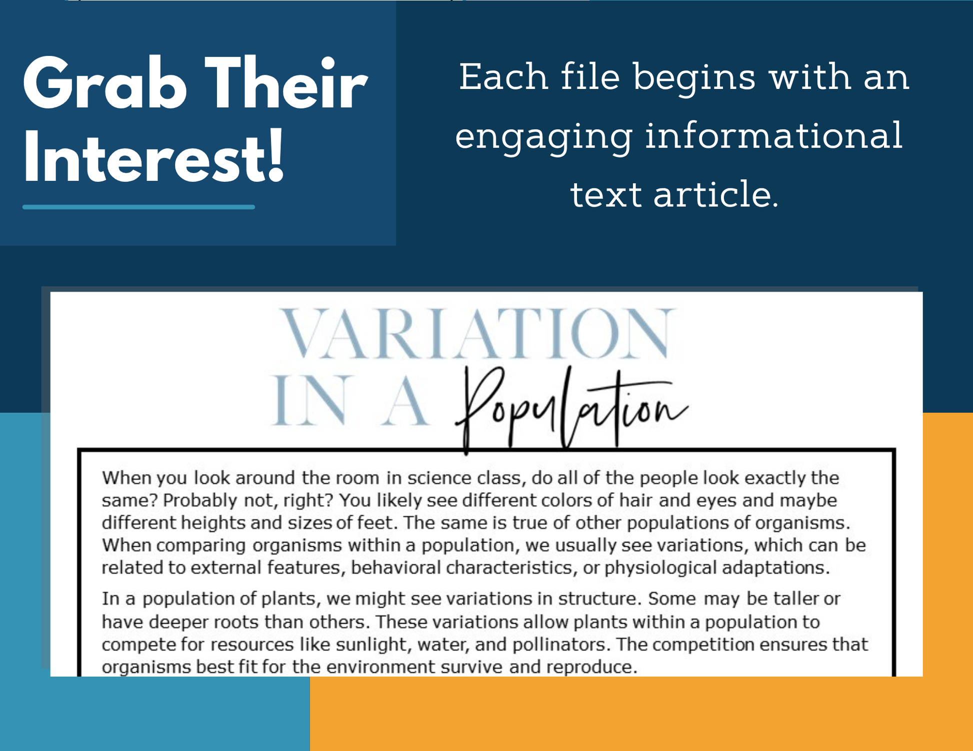 MS 6th 7th 8th Science Reading Comprehension Passages - VOL. 3 - Variation in a Population