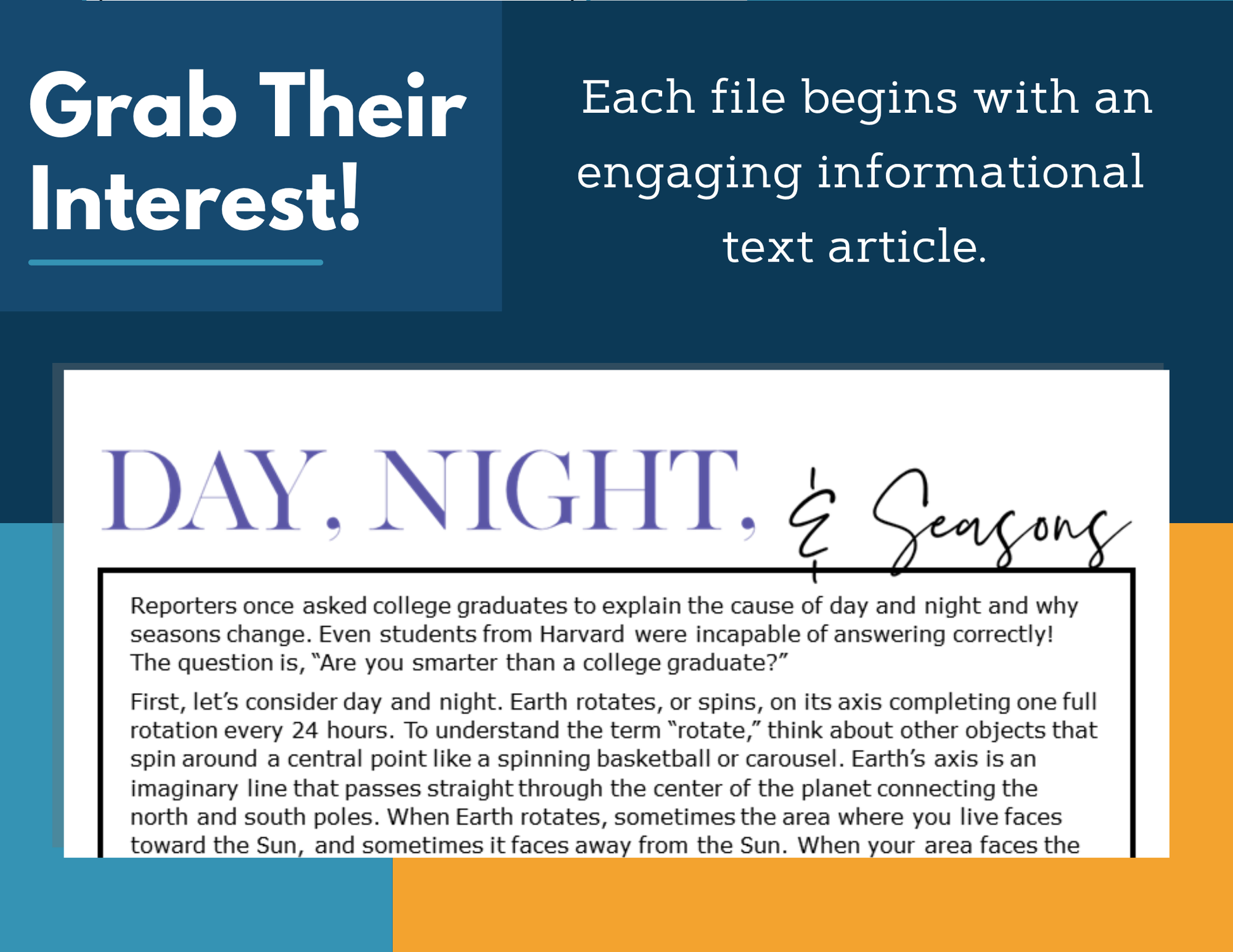 MS 6th 7th 8th Science Reading Comprehension Passages - VOL. 2 - Day, Night, and Seasons