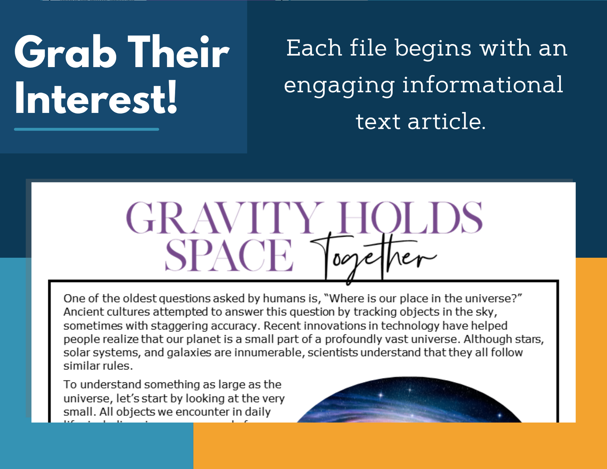 MS 6th 7th 8th Science Reading Comprehension Passages - VOL. 2 - Gravity Holds Space Together