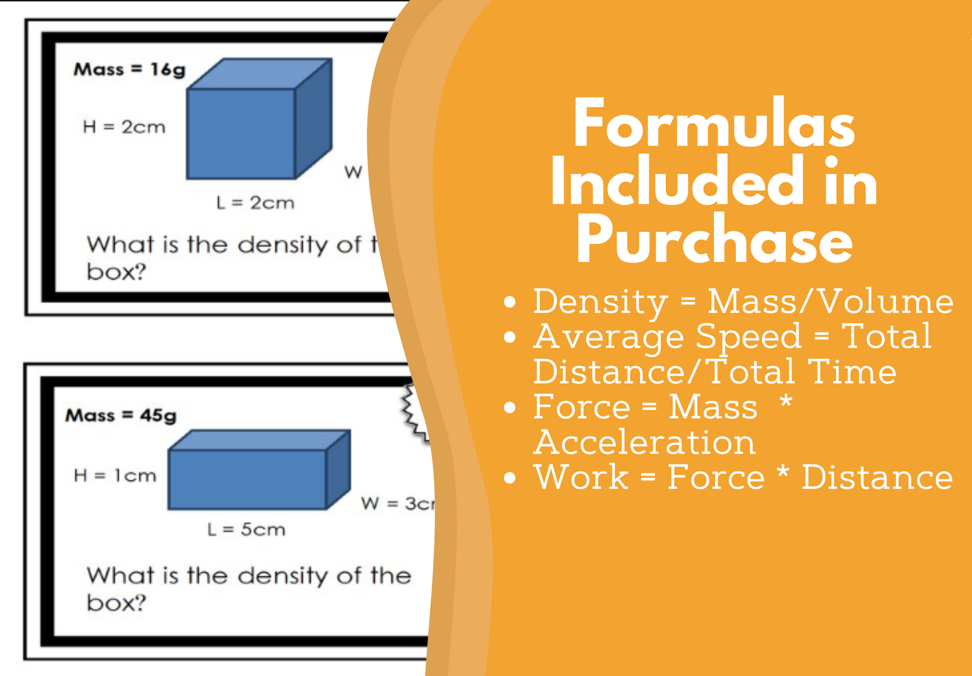 Formula Chart Task Cards: Density, Average Speed, Work, and Net Force
