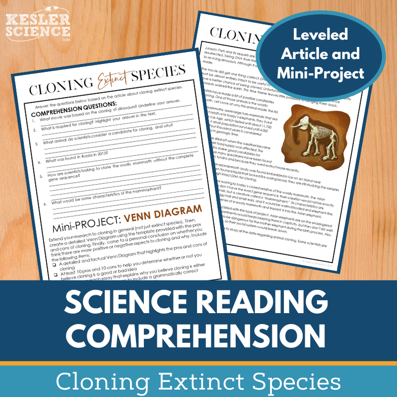 MS 6th 7th 8th Science Reading Comprehension Passages - Cloning Extinct Species