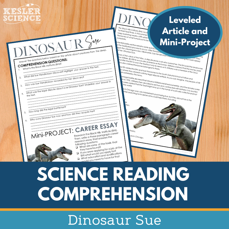 MS 6th 7th 8th Science Reading Comprehension Passages - Dinosaur Sue
