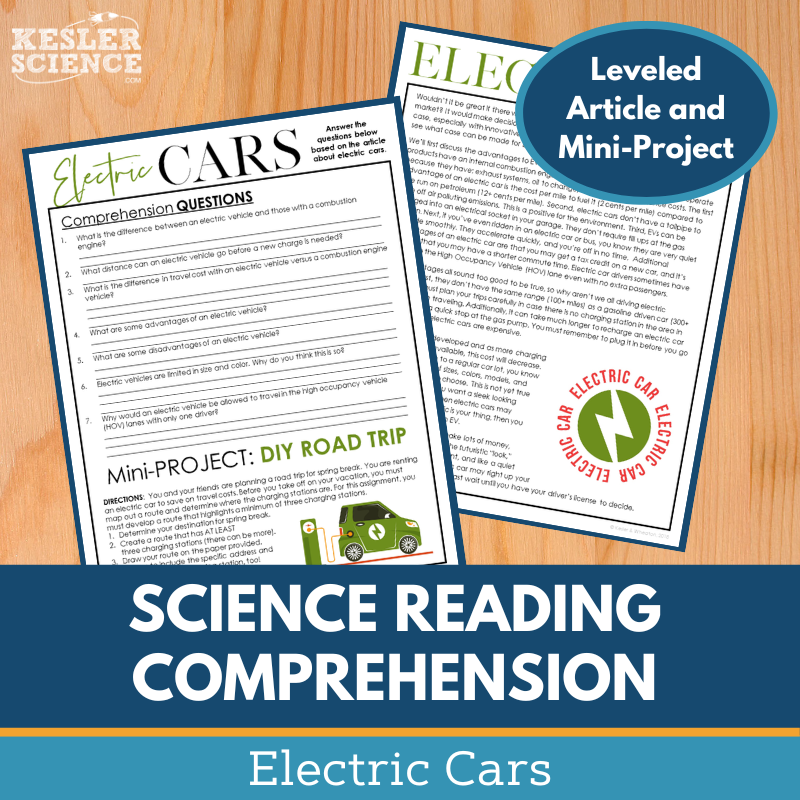 MS 6th 7th 8th Science Reading Comprehension Passages - Electric Cars