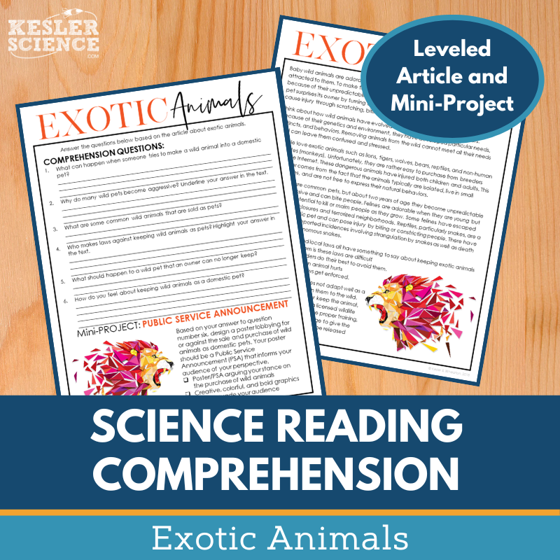 MS 6th 7th 8th Science Reading Comprehension Passages - Exotic Animals