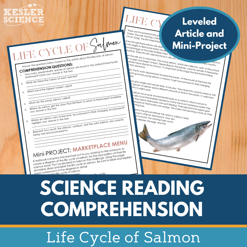 MS 6th 7th 8th Science Reading Comprehension Passages - Life Cycle of Salmon
