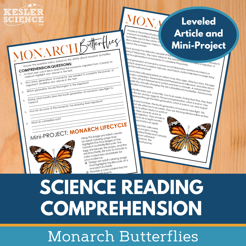 MS 6th 7th 8th Science Reading Comprehension Passages - Monarch Butterflies