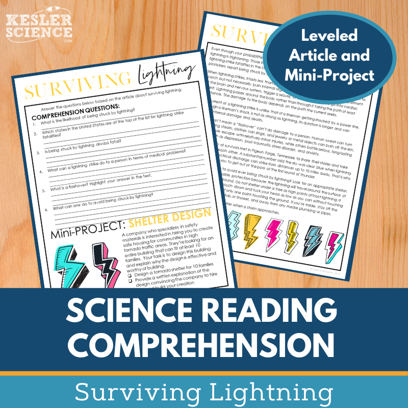MS 6th 7th 8th Science Reading Comprehension Passages - Surviving Lightning