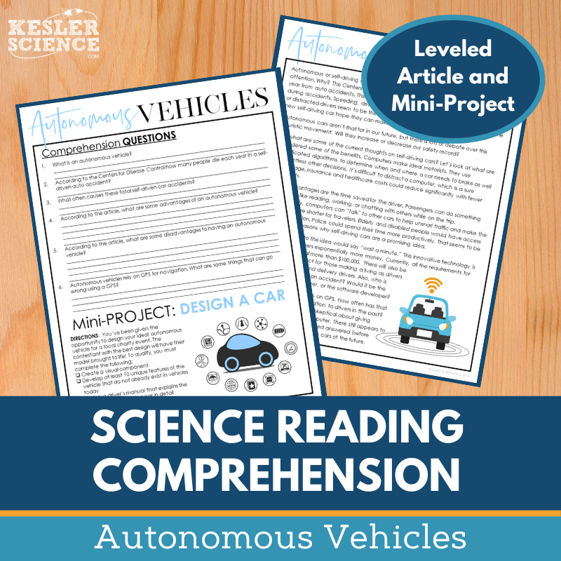 MS 6th 7th 8th Science Reading Comprehension Passages - Autonomous Vehicles