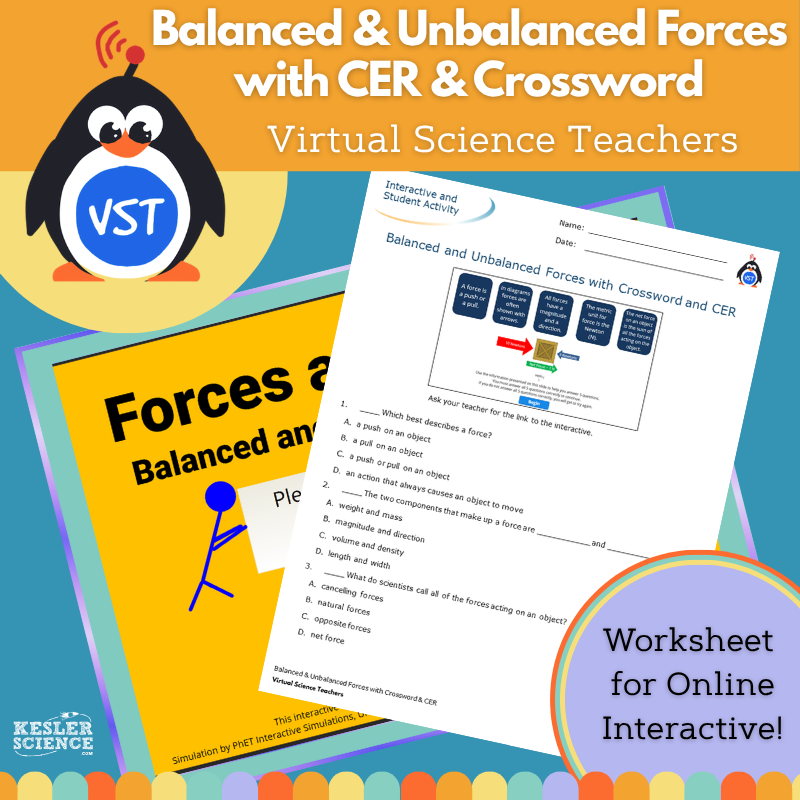 Balanced & Unbalanced Forces - Worksheet with Crossword & CER - VST