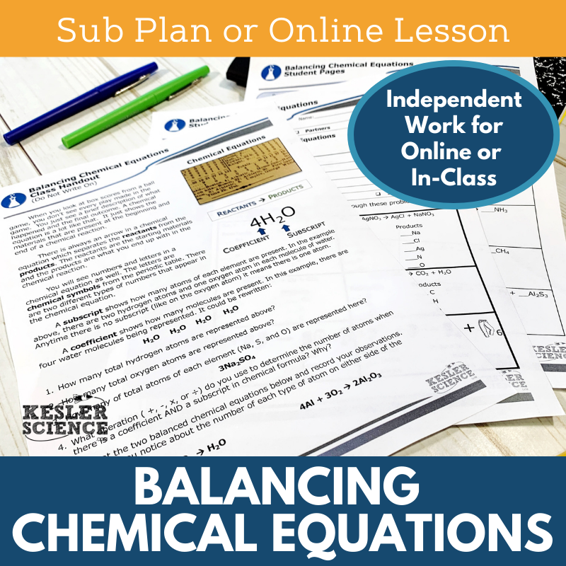 MS 6th 7th 8th - Balancing Chemical Equations - Sub Plans