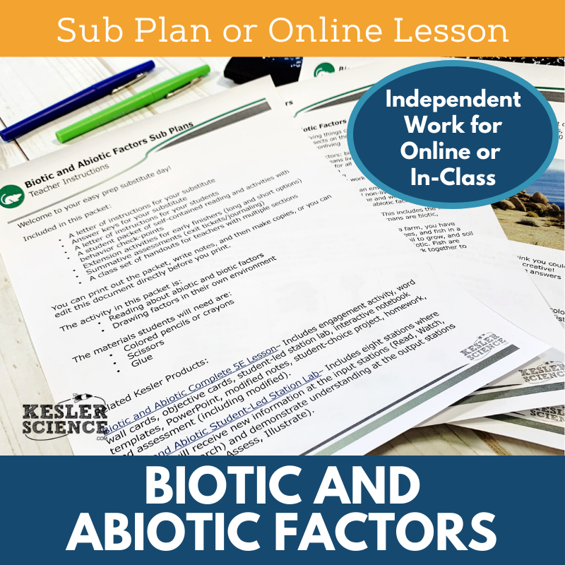 MS 6th 7th 8th - Biotic and Abiotic Factors - Sub Plans