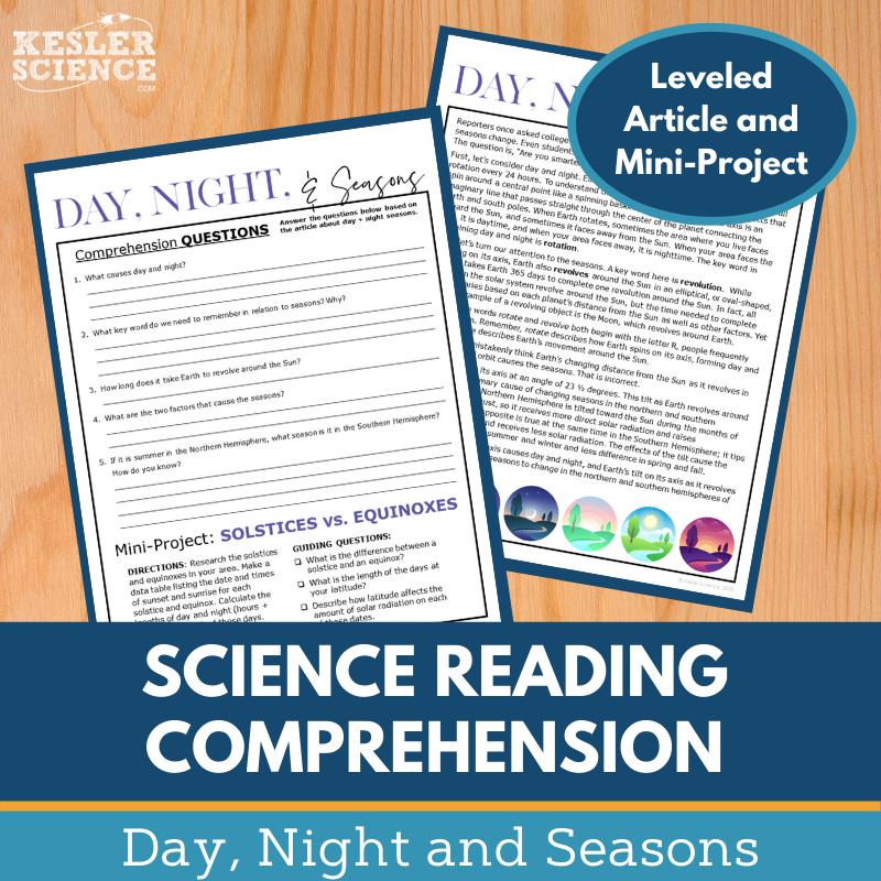 MS 6th 7th 8th Science Reading Comprehension Passages - VOL. 2 - Day, Night, and Seasons
