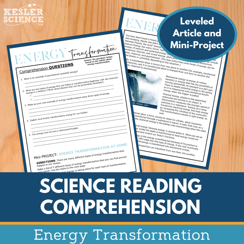 MS 6th 7th 8th Science Reading Comprehension Passages - VOL. 4 - Energy Transformation