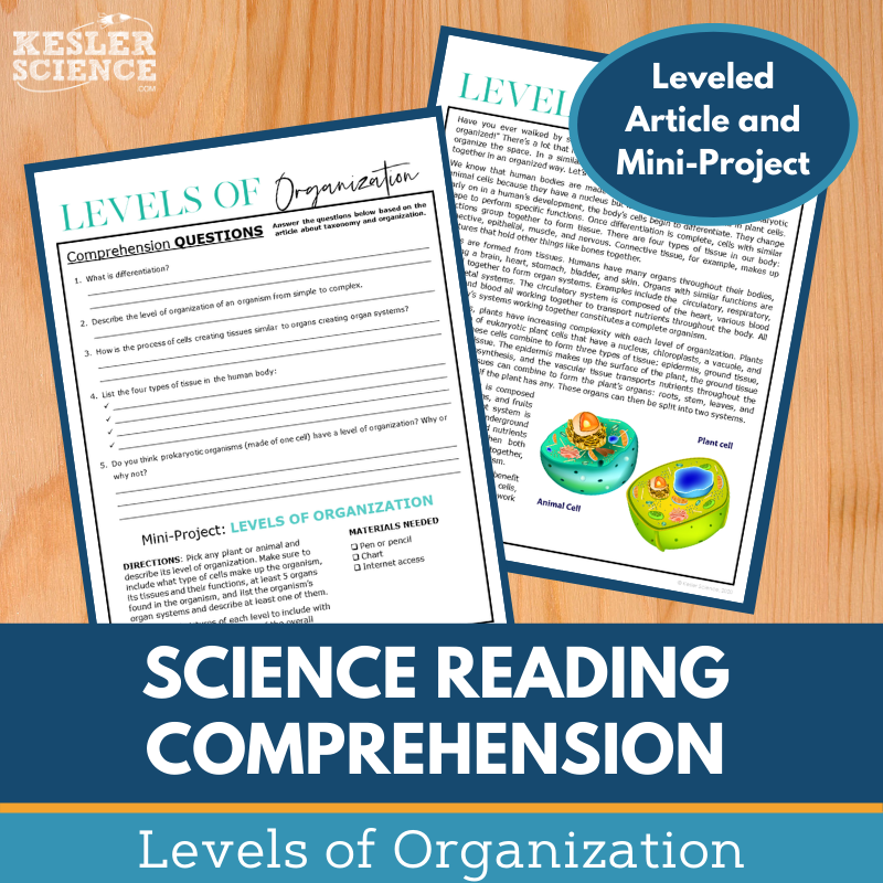 MS 6th 7th 8th Science Reading Comprehension Passages - VOL. 3 - Levels of Organization