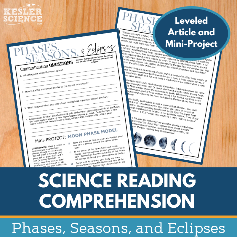 MS 6th 7th 8th Science Reading Comprehension Passages - VOL. 2 - Phases, Seasons & Eclipses
