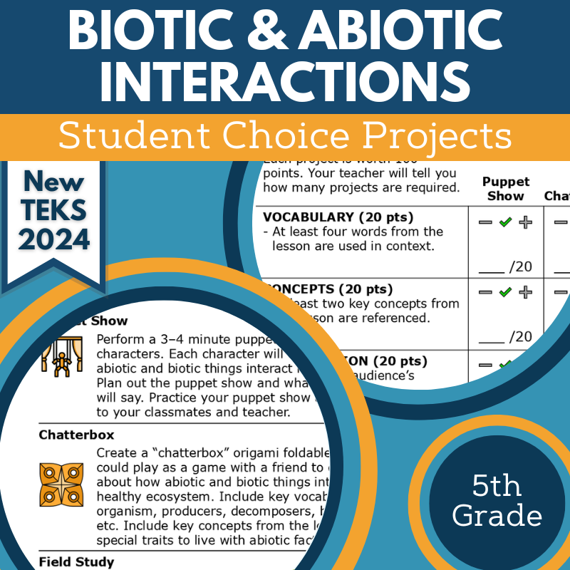 Biotic & Abiotic Interactions - Student Choice Projects, Gr 5, New TEKS 5.12A