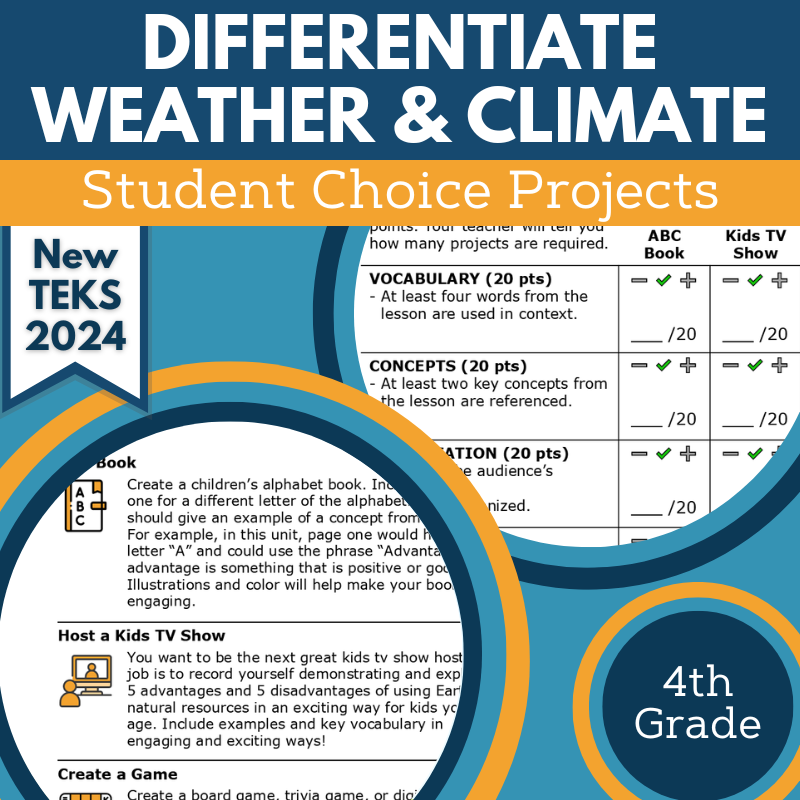 Differentiate Weather & Climate - Student Choice Projects, Gr 4, New TEKS 4.10C