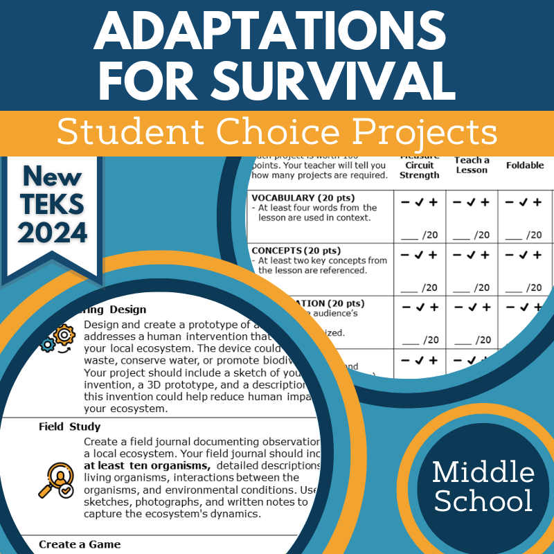Adaptations for Survival - Student Choice Projects, MS, New TEKS 8.13C