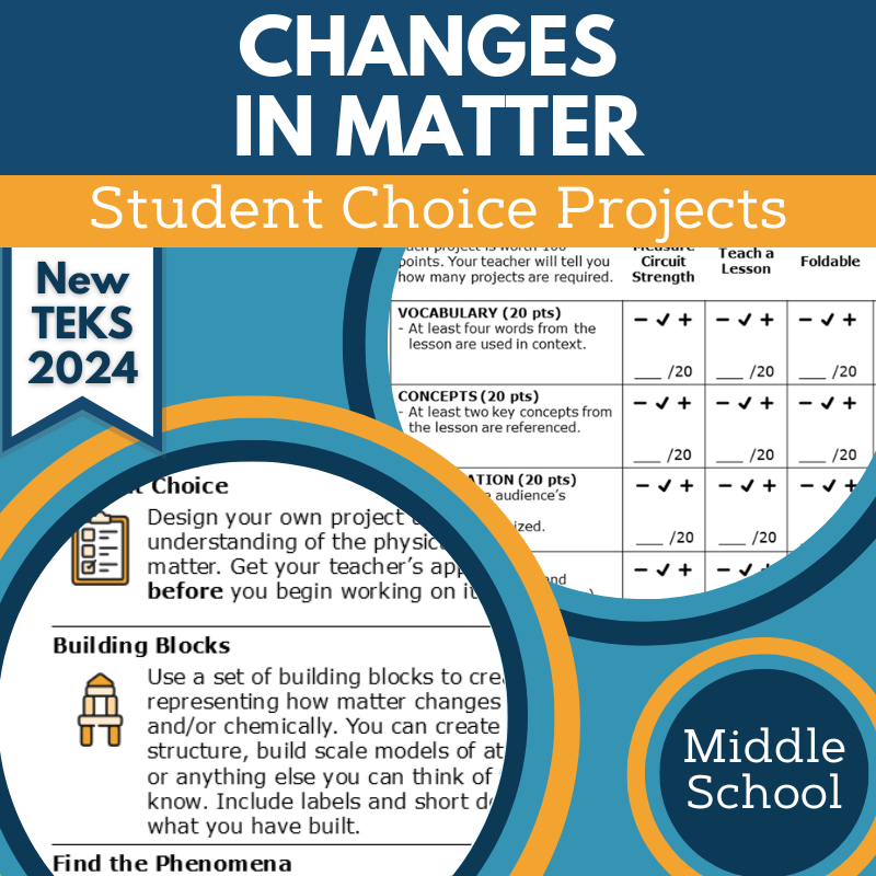 Changes in Matter - Student Choice Projects, MS, New TEKS 7.6C