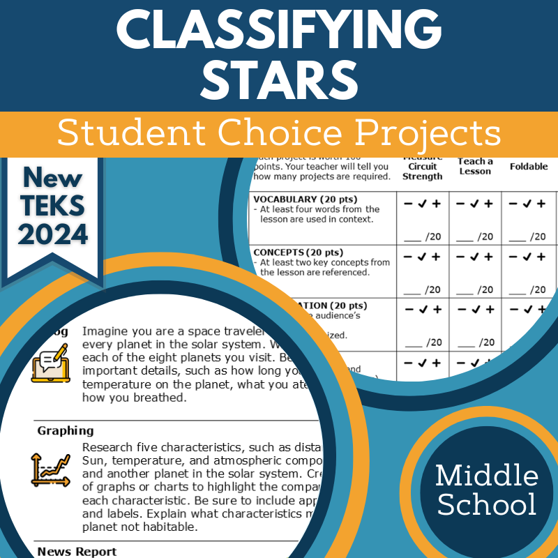 Classifying Stars - Student Choice Projects, MS, New TEKS 8.9A