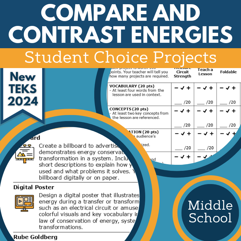 Compare & Contrast Energies - Student Choice Projects, MS, New TEKS 6.8A