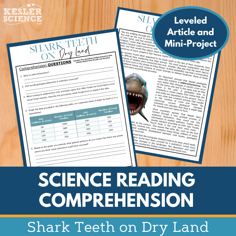 MS 6th 7th 8th Science Reading Comprehension Passages - VOL. 3 - Shark Teeth on Dry Land