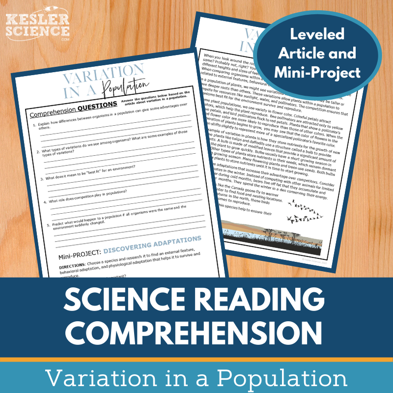 MS 6th 7th 8th Science Reading Comprehension Passages - VOL. 3 - Variation in a Population