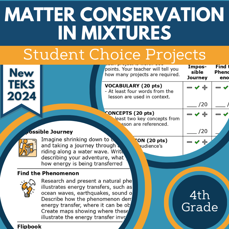 Matter Conservation in Mixtures - Student Choice Projects, Gr 4, New TEKS 4.6C