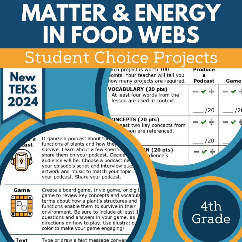 Matter & Energy in Food Webs - Student Choice Projects, Gr 4, New TEKS 4.12B